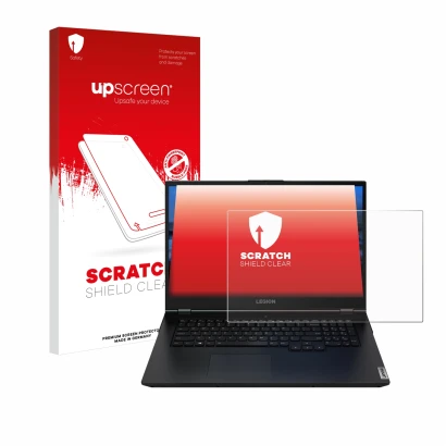 Parte frontal de un envase de producto con el logotipo de la marca upscreen. Al lado se muestra el dispositivo Lenovo Legion 5