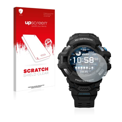 Parte frontal de un envase de producto con el logotipo de la marca upscreen. Al lado se muestra el dispositivo Casio G-Shock G