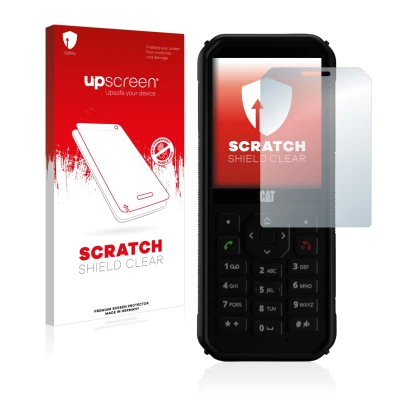 Parte frontal de un envase de producto con el logotipo de la marca upscreen. Al lado se muestra el dispositivo Caterpillar Cat