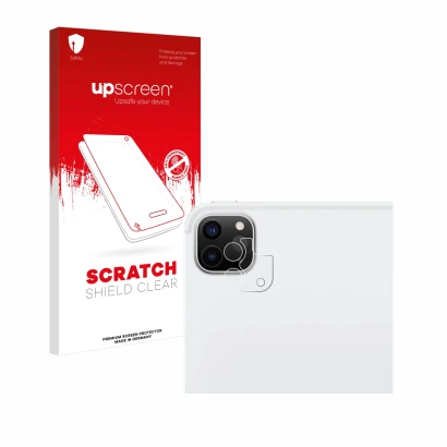 Parte frontal de un envase de producto con el logotipo de la marca upscreen. Al lado se muestra el dispositivo Apple iPad Pro