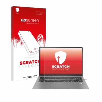 Parte frontal de un envase de producto con el logotipo de la marca upscreen. Al lado se muestra el dispositivo LG gram 17'' 20