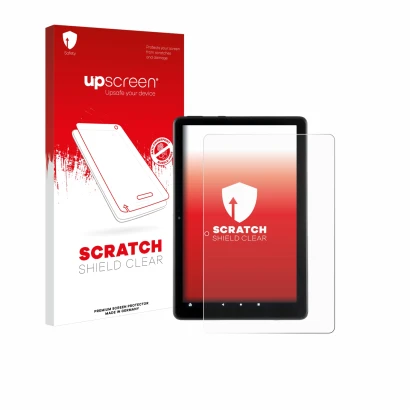 Parte frontal de un envase de producto con el logotipo de la marca upscreen. Al lado se muestra el dispositivo Amazon Fire HD