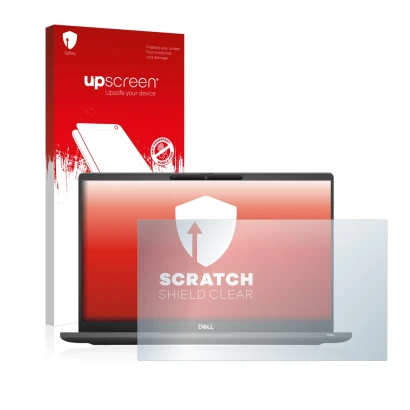 Parte frontal de un envase de producto con el logotipo de la marca upscreen. Al lado se muestra el dispositivo Dell Latitude 7