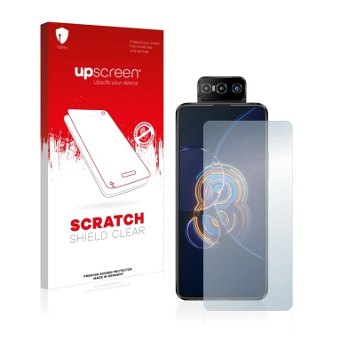 Parte frontal de un envase de producto con el logotipo de la marca upscreen. Al lado se muestra el dispositivo ASUS ZenFone 8 