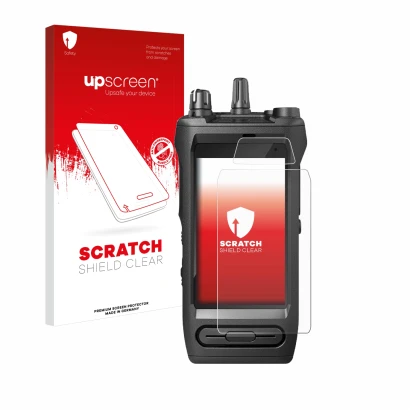 Parte frontal de un envase de producto con el logotipo de la marca upscreen. Al lado se muestra el dispositivo Motorola Mototr