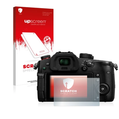 Parte frontal de un envase de producto con el logotipo de la marca upscreen. Al lado se muestra el dispositivo Panasonic Lumix