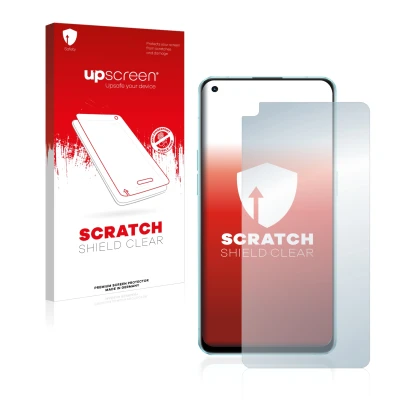 Parte frontal de un envase de producto con el logotipo de la marca upscreen. Al lado se muestra el dispositivo Oppo Reno 6 5G