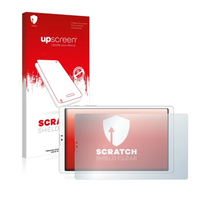 Parte frontal de un envase de producto con el logotipo de la marca upscreen. Al lado se muestra el dispositivo Samsung Galaxy