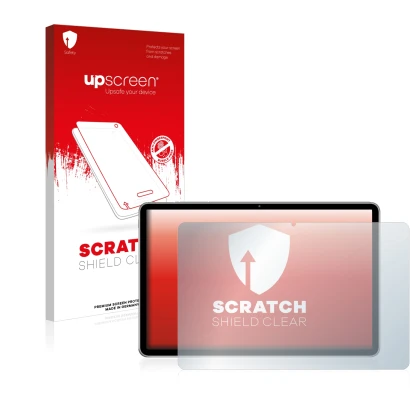 Parte frontal de un envase de producto con el logotipo de la marca upscreen. Al lado se muestra el dispositivo Huawei MatePad