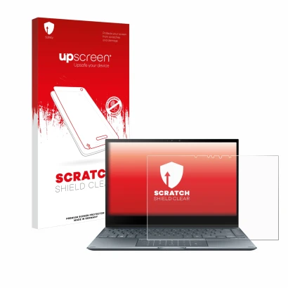 Parte frontal de un envase de producto con el logotipo de la marca upscreen. Al lado se muestra el dispositivo ASUS ZenBook Fl