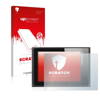 Parte frontal de un envase de producto con el logotipo de la marca upscreen. Al lado se muestra el dispositivo Apexcam M80 Air