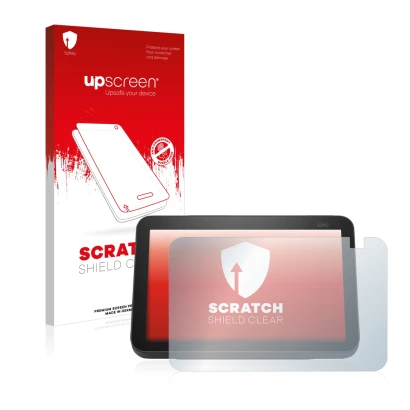 Parte frontal de un envase de producto con el logotipo de la marca upscreen. Al lado se muestra el dispositivo Amazon Echo Sho