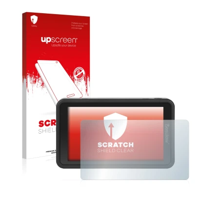 Parte frontal de un envase de producto con el logotipo de la marca upscreen. Al lado se muestra el dispositivo Desview R5 5.5"