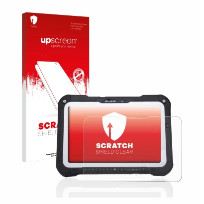 Parte frontal de un envase de producto con el logotipo de la marca upscreen. Al lado se muestra el dispositivo Panasonic Tough