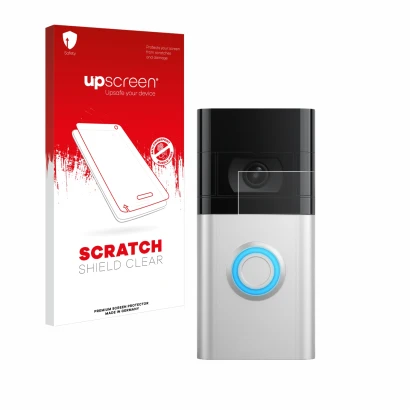 Parte frontal de un envase de producto con el logotipo de la marca upscreen. Al lado se muestra el dispositivo Ring Video Door