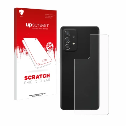 Parte frontal de un envase de producto con el logotipo de la marca upscreen. Al lado se muestra el dispositivo Samsung Galaxy