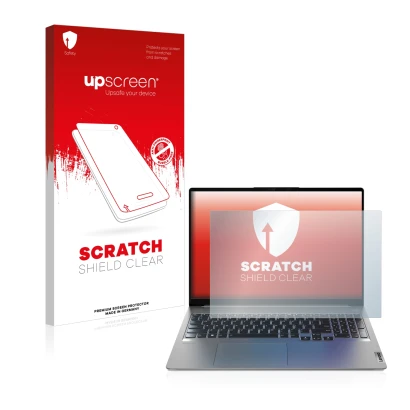 Parte frontal de un envase de producto con el logotipo de la marca upscreen. Al lado se muestra el dispositivo Lenovo IdeaPad