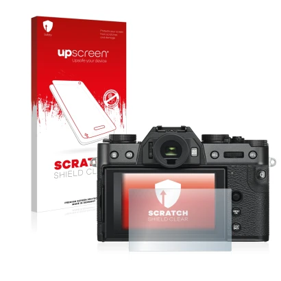 Parte frontal de un envase de producto con el logotipo de la marca upscreen. Al lado se muestra el dispositivo Fujifilm X-T30 