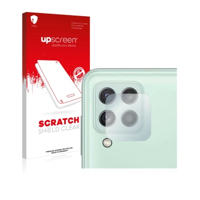 Parte frontal de un envase de producto con el logotipo de la marca upscreen. Al lado se muestra el dispositivo Samsung Galaxy