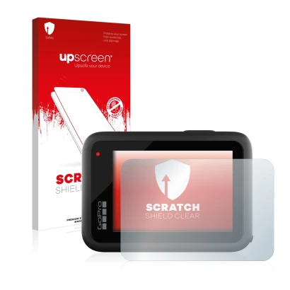 Parte frontal de un envase de producto con el logotipo de la marca upscreen. Al lado se muestra el dispositivo GoPro Hero 10 B