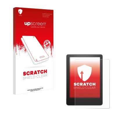 Parte frontal de un envase de producto con el logotipo de la marca upscreen. Al lado se muestra el dispositivo Amazon Kindle P
