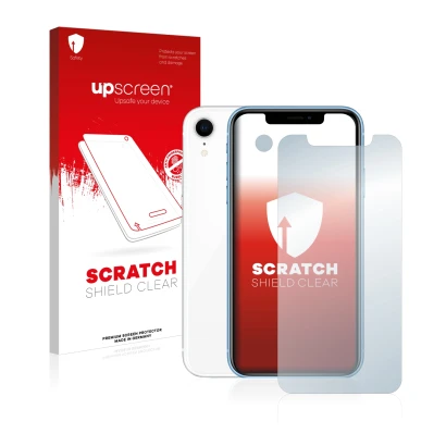 Parte frontal de un envase de producto con el logotipo de la marca upscreen. Al lado se muestra el dispositivo Apple iPhone XR