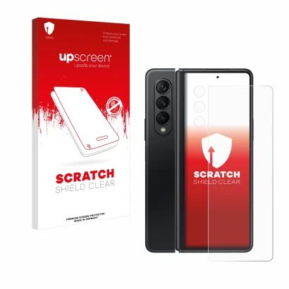 Parte frontal de un envase de producto con el logotipo de la marca upscreen. Al lado se muestra el dispositivo Samsung Galaxy