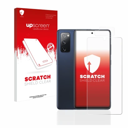 Parte frontal de un envase de producto con el logotipo de la marca upscreen. Al lado se muestra el dispositivo Samsung Galaxy 