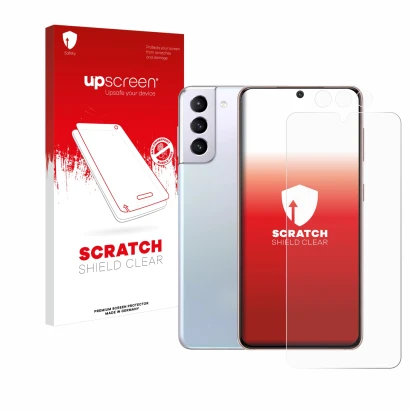 Parte frontal de un envase de producto con el logotipo de la marca upscreen. Al lado se muestra el dispositivo Samsung Galaxy 