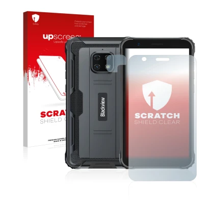 Parte frontal de un envase de producto con el logotipo de la marca upscreen. Al lado se muestra el dispositivo Blackview BV490