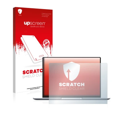 Parte frontal de un envase de producto con el logotipo de la marca upscreen. Al lado se muestra el dispositivo Huawei MateBook