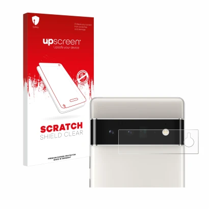 Parte frontal de un envase de producto con el logotipo de la marca upscreen. Al lado se muestra el dispositivo Google Pixel 6 