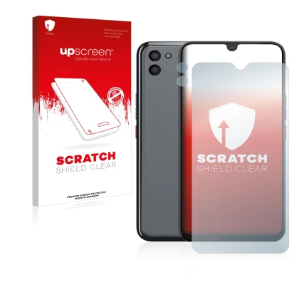 Parte frontal de un envase de producto con el logotipo de la marca upscreen. Al lado se muestra el dispositivo Gigaset GS5 (Fr