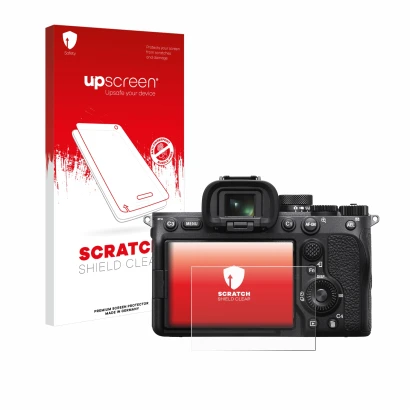 Parte frontal de un envase de producto con el logotipo de la marca upscreen. Al lado se muestra el dispositivo Sony Alpha 7 IV