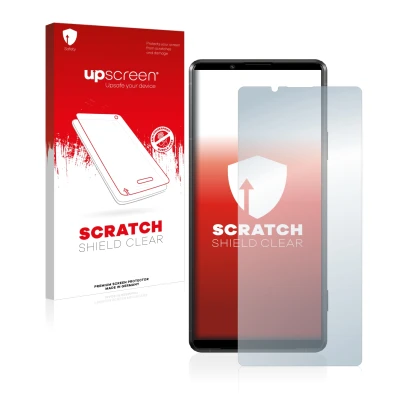 Parte frontal de un envase de producto con el logotipo de la marca upscreen. Al lado se muestra el dispositivo Sony Xperia Pro