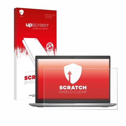 Parte frontal de un envase de producto con el logotipo de la marca upscreen. Al lado se muestra el dispositivo Dell Latitude 5