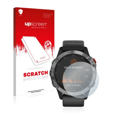 Parte frontal de un envase de producto con el logotipo de la marca upscreen. Al lado se muestra el dispositivo Garmin Fenix 6