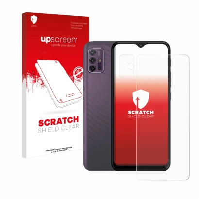 Parte frontal de un envase de producto con el logotipo de la marca upscreen. Al lado se muestra el dispositivo Motorola Moto G
