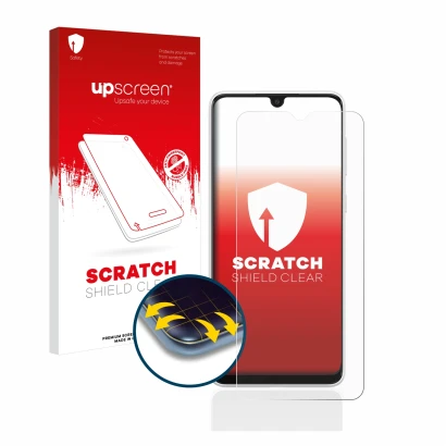 Parte frontal de un envase de producto con el logotipo de la marca upscreen. Al lado se muestra el dispositivo Samsung Galaxy