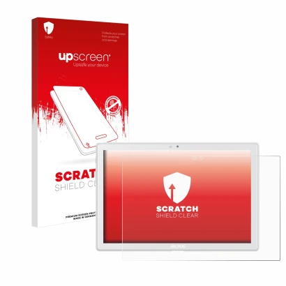 Parte frontal de un envase de producto con el logotipo de la marca upscreen. Al lado se muestra el dispositivo Archos T101 4G