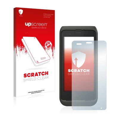 Parte frontal de un envase de producto con el logotipo de la marca upscreen. Al lado se muestra el dispositivo Honeywell CT45
