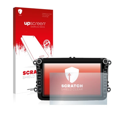 Parte frontal de un envase de producto con el logotipo de la marca upscreen. Al lado se muestra el dispositivo Isudar T72 8" c