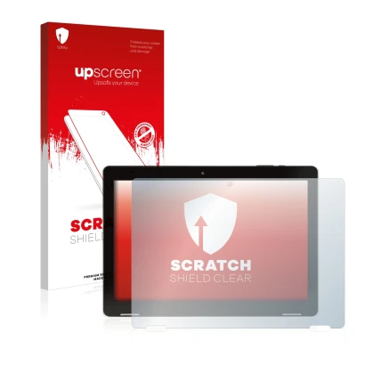 Parte frontal de un envase de producto con el logotipo de la marca upscreen. Al lado se muestra el dispositivo Hannspree Pad A