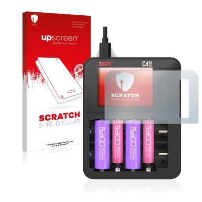 Parte frontal de un envase de producto con el logotipo de la marca upscreen. Al lado se muestra el dispositivo ISDT C4 Evo con