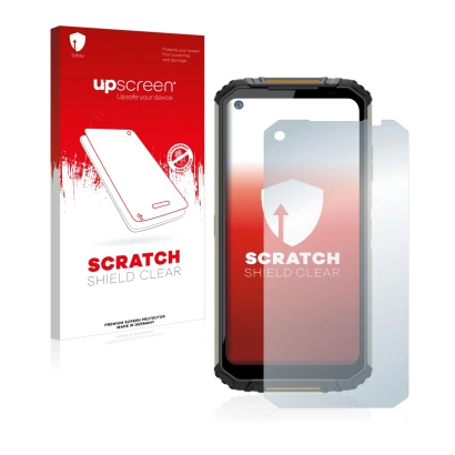 Parte frontal de un envase de producto con el logotipo de la marca upscreen. Al lado se muestra el dispositivo Oukitel WP16 co