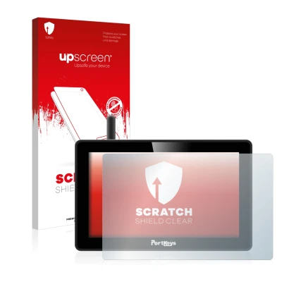 Parte frontal de un envase de producto con el logotipo de la marca upscreen. Al lado se muestra el dispositivo Portkeys BM5 WR
