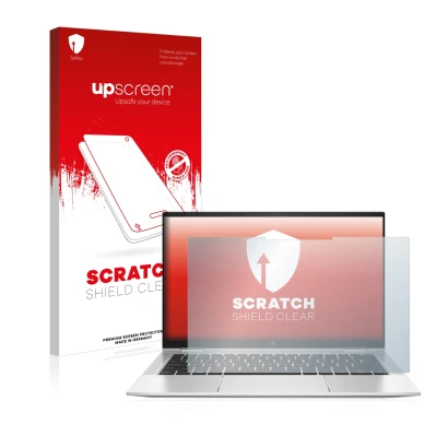 Parte frontal de un envase de producto con el logotipo de la marca upscreen. Al lado se muestra el dispositivo HP EliteBook x3