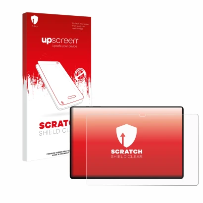 Parte frontal de un envase de producto con el logotipo de la marca upscreen. Al lado se muestra el dispositivo Samsung Galaxy