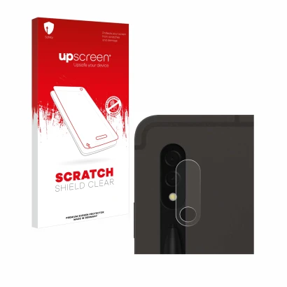Parte frontal de un envase de producto con el logotipo de la marca upscreen. Al lado se muestra el dispositivo Samsung Galaxy 