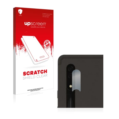 Parte frontal de un envase de producto con el logotipo de la marca upscreen. Al lado se muestra el dispositivo Samsung Galaxy 